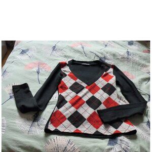 black, red and grey sweater, argyle pattern, Sz  S